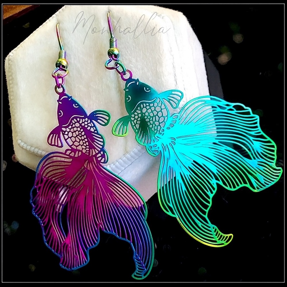 Clearance! NEW LASER CUT STEEL CHROME RAINBOW FISH KOI IRIDESCENT EARRINGS